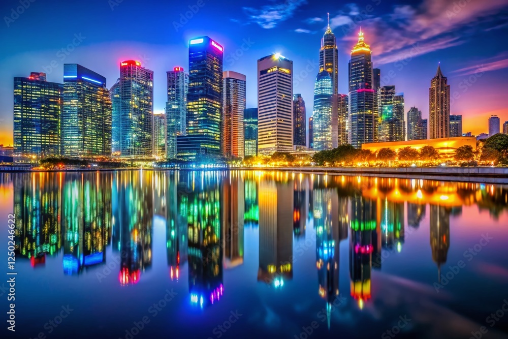 Fototapeta premium Night City Skyline Reflection, Modern Architecture, Vibrant Lights, Urban Landscape, Cityscape