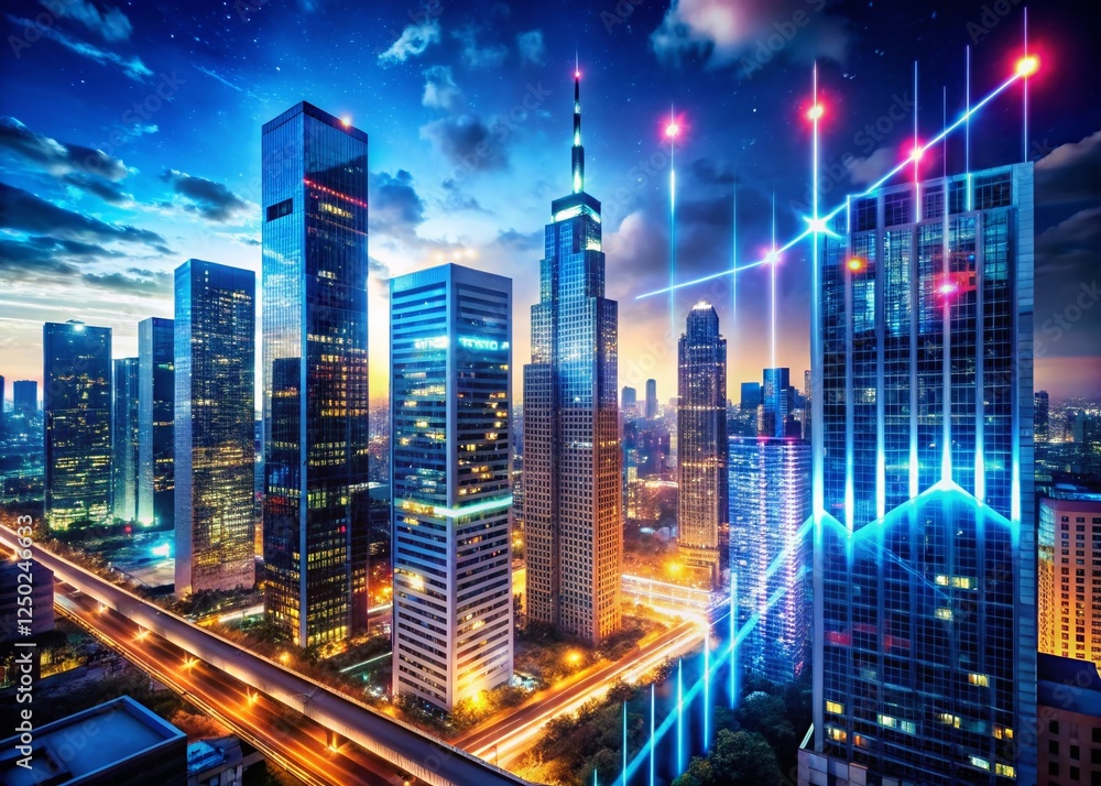 Obraz premium Night Cityscape: Social Media Growth & Statistics, Illuminated Numbers Rising