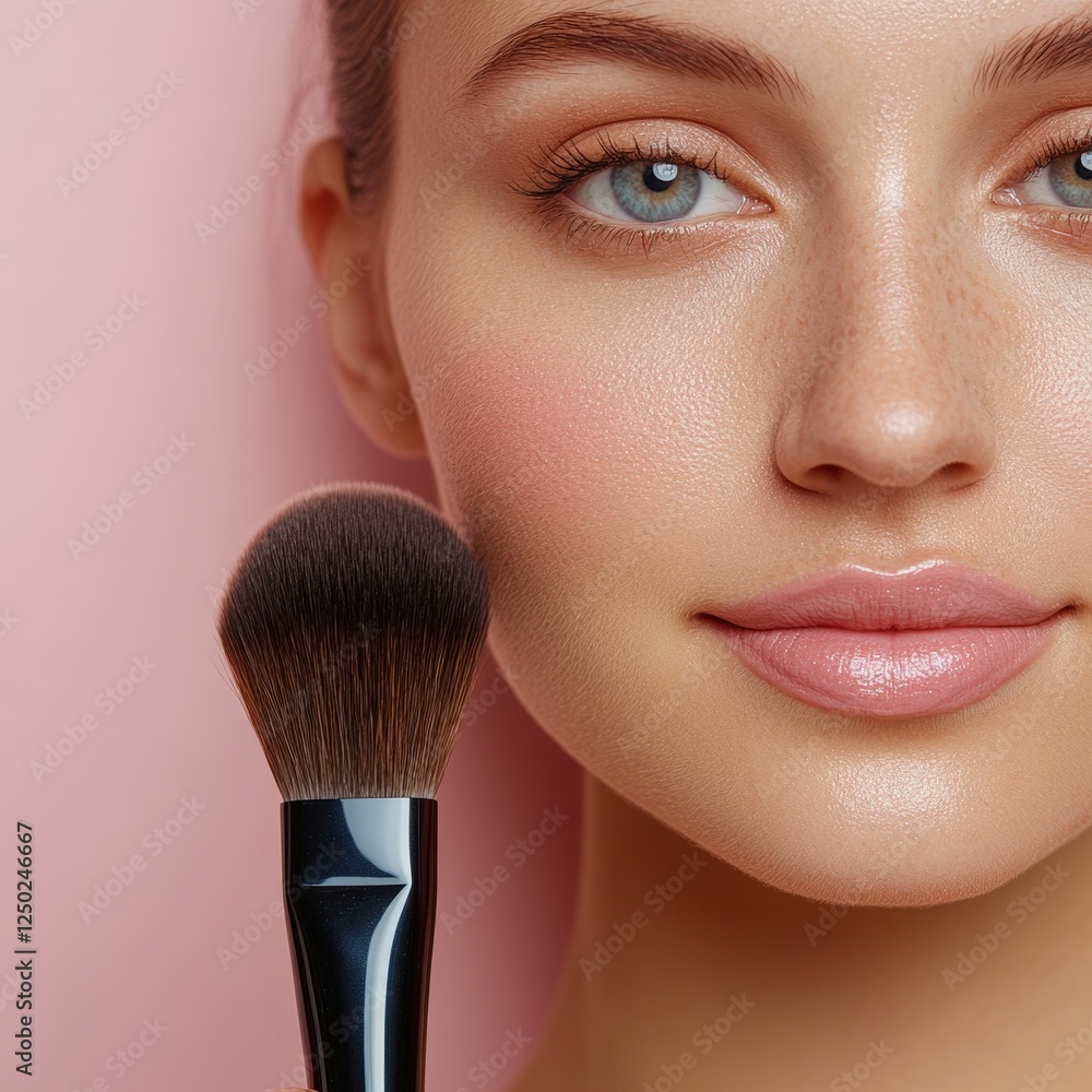woman with clear skin holds makeup brush, applying blush on her cheek against pink background. Her expression is serene and focused, highlighting her natural beauty woman with clear skin holds makeup brush, applying blush on her cheek against pink background. Her expression is serene and focused, highlighting her natural beauty