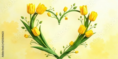 Heart Shaped Arrangement of Yellow Tulips on a Pastel Background