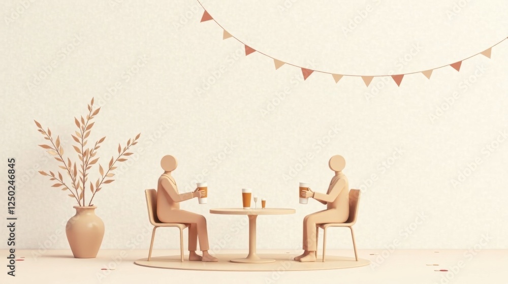 Relaxing Rendezvous Two Figures Enjoying Beverages at a Small Table with Festive Decorations Relaxing Rendezvous Two Figures Enjoying Beverages at a Small Table with Festive Decorations