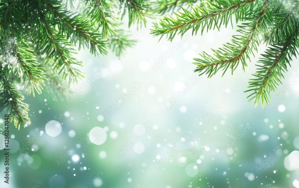 Festive Christmas Background with Green Pine Branches and Bokeh Lights Festive Christmas Background with Green Pine Branches and Bokeh Lights