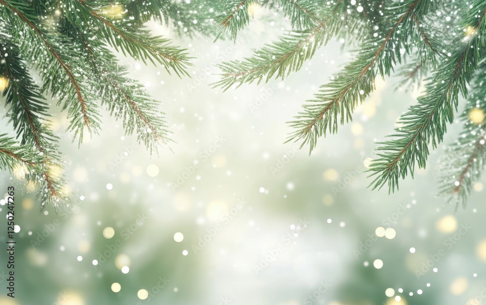Festive Holiday Background with Snowy Pine Branches and Bokeh Lights for Christmas and New Year Festive Holiday Background with Snowy Pine Branches and Bokeh Lights for Christmas and New Year