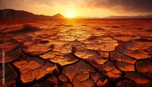 A Captivating Dusk Over Cracked Earthen Terrain: Witness the Melodic Dance of Light and Shadows as the Sun Sets on a Parched Desert Amidst a Timeless Wilderness and Stunning Atmosphere