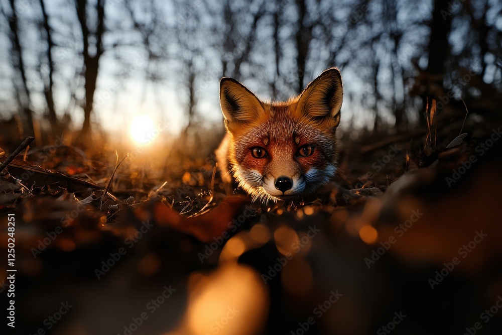 Fototapeta premium A close-up shot of a curious fox emerging from the forest floor as the sun sets, casting a warm glow on its vibrant fur and surroundings.