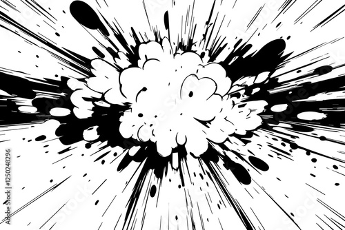 Dynamic explosion effect filled with bold lines and contrasting black and white tones, capturing energy and movement