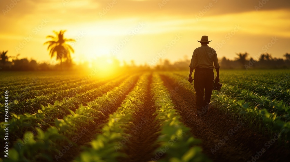 Fototapeta premium A farmer walks through lush green fields during sunset, embracing the tranquility of rural life and the rewards of hard work in agriculture.