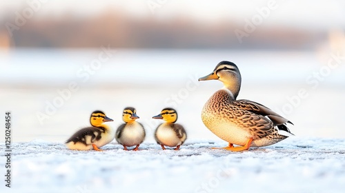 A mother duck stands proudly with her ducklings on a snowy shore by a tranquil lake during sunrise