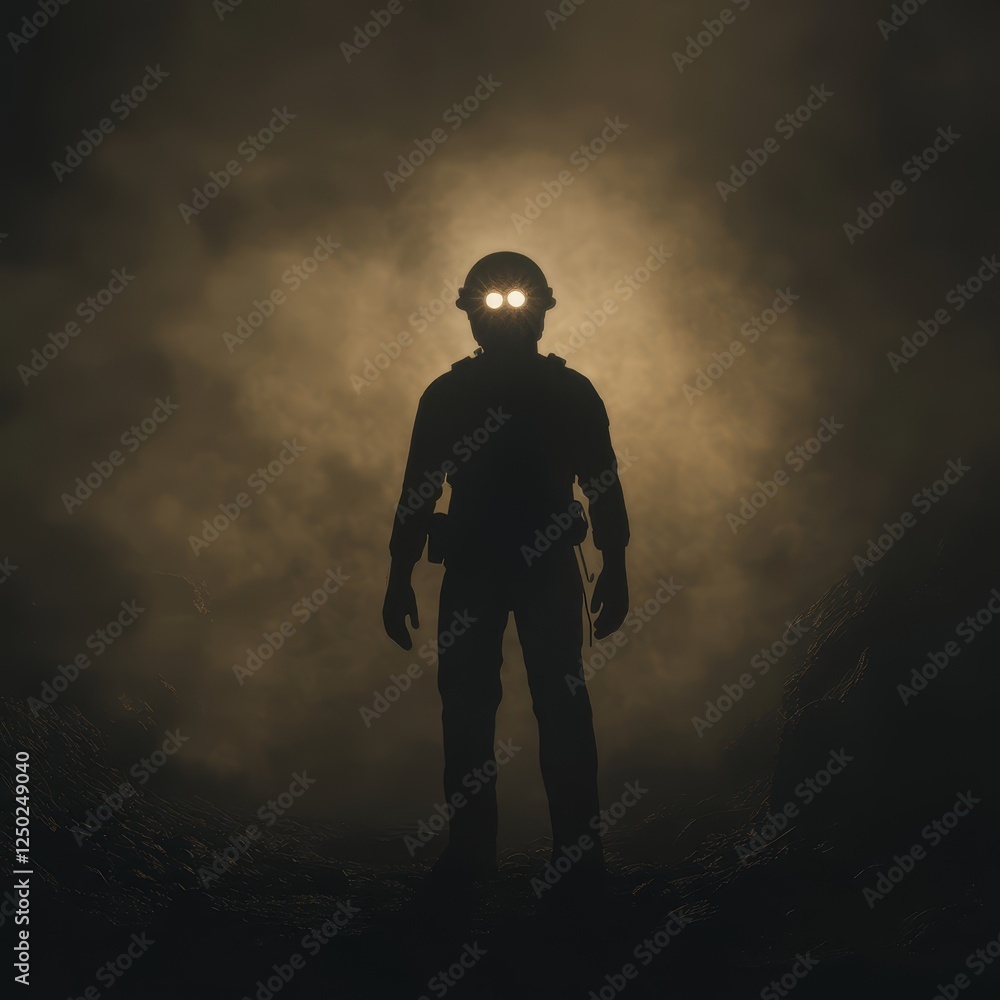 Silhouette soldier in misty cave Silhouette soldier in misty cave