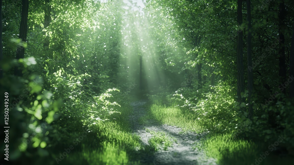 Obraz premium Sun-Drenched Forest Path Serene Woodland Scene with Beams of Light Shining Through Verdant Foliage.