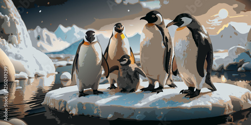 Cute cartoon penguins, ice floe, igloo, playful poses, snowy background, flat illustration style, pastel blue color palette, minimalist design, children's book illustration, vector art,