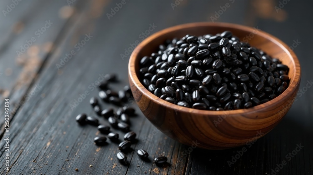 Dark Seeds in a Wooden Bowl on a Rustic Table Dark Seeds in a Wooden Bowl on a Rustic Table