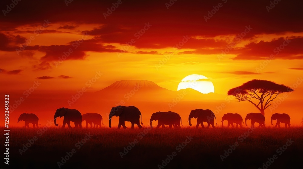 A stunning silhouette of elephants walking against a vibrant sunset. The majestic creatures display unity and grace in a serene landscape. A stunning silhouette of elephants walking against a vibrant sunset. The majestic creatures display unity and grace in a serene landscape.