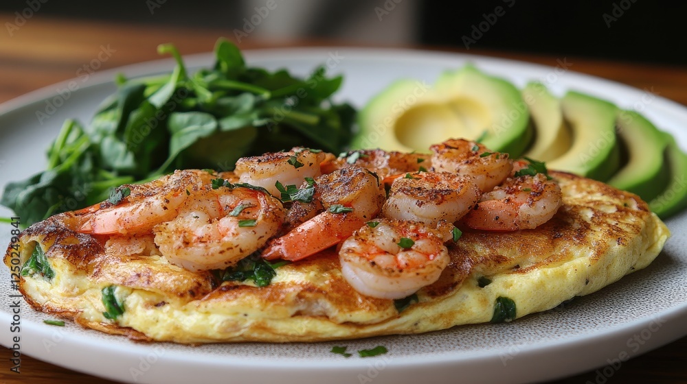 Delicious shrimp omelette served on a plate with fresh greens and avocado slices Delicious shrimp omelette served on a plate with fresh greens and avocado slices