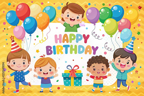 Children celebrating birthday party, holding balloons, gift.  Possible use Birthday card, invitation