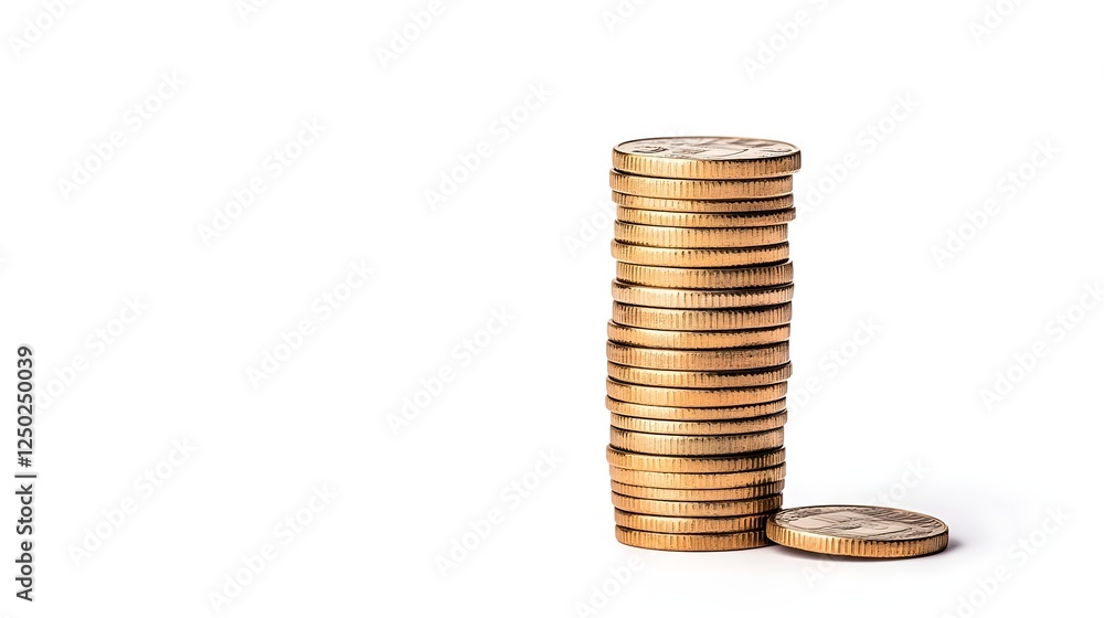Stack of Golden Coins on a White Background, Symbolizing Wealth, Financial Growth, and Investment Opportunities in Contemporary Economy Stack of Golden Coins on a White Background, Symbolizing Wealth, Financial Growth, and Investment Opportunities in Contemporary Economy