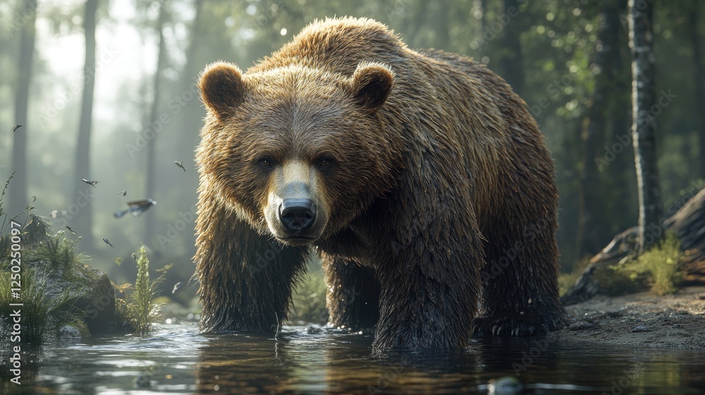 Majestic brown bear standing in a serene forest pond, surrounded by lush greenery and wildlife Majestic brown bear standing in a serene forest pond, surrounded by lush greenery and wildlife
