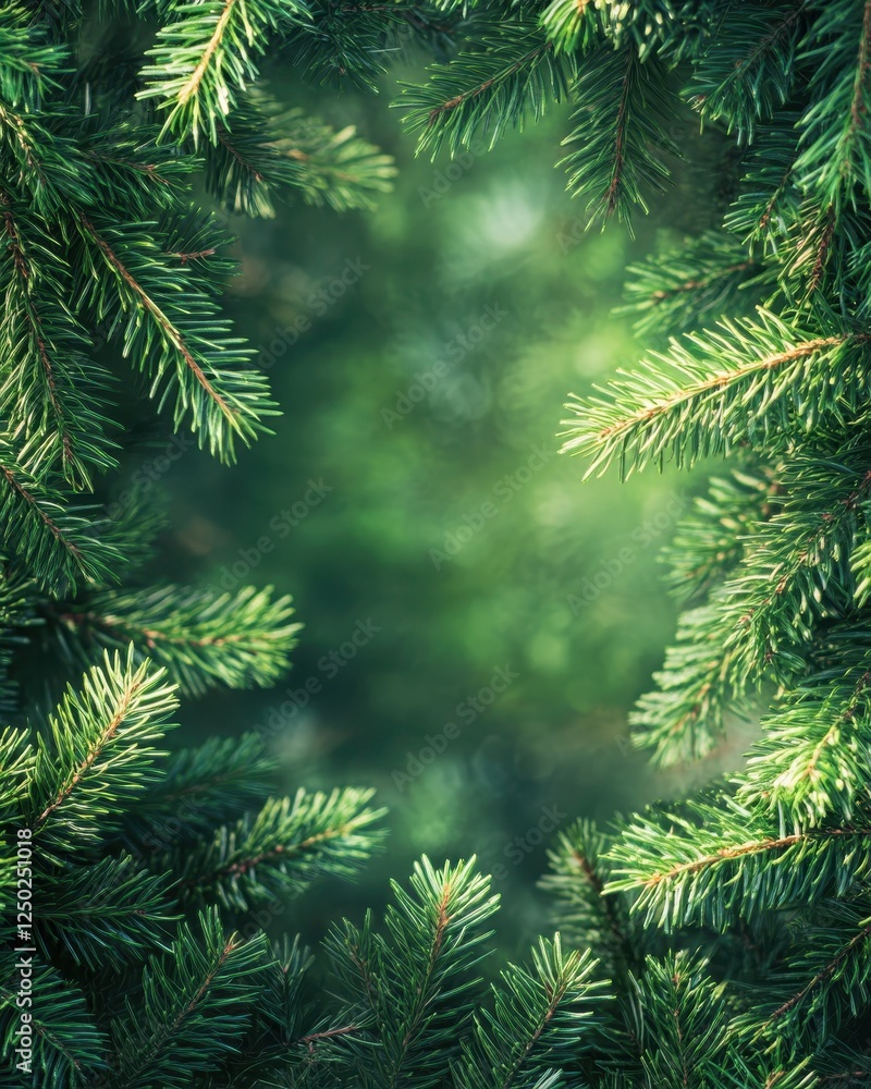 Fresh Green Fir Branch Frame on Soft Focus Green Background, Ideal for Christmas and Winter Holiday Designs