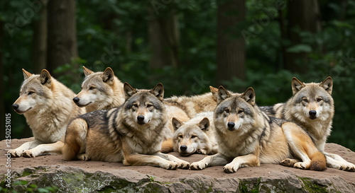 Majestic Wolves Resting on a Rock in the Forest photo