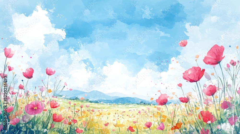 Fototapeta premium Watercolor Meadow: Blooming Flowers Under a Blue Sky with Clouds