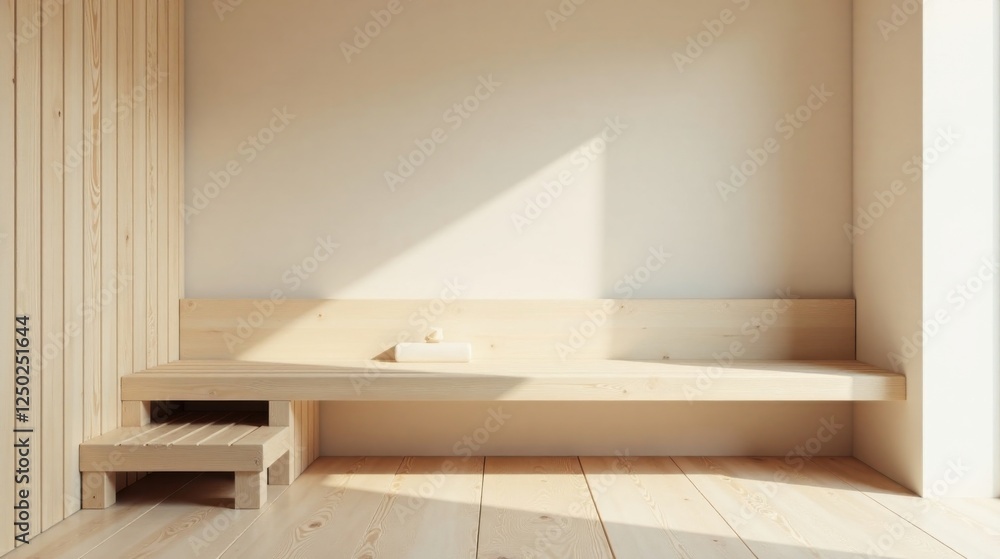 Fototapeta premium Simple Wooden Bench with Step in Minimalist Room