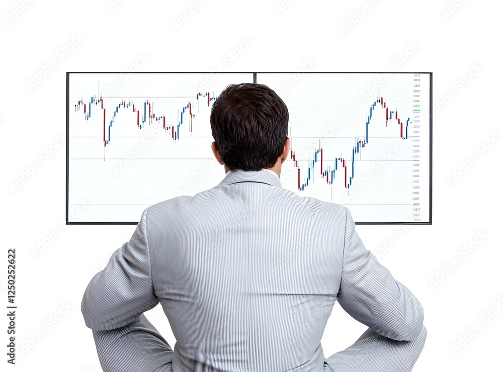 Businessman Analyzing Stock Market Trends on Dual Monitors with Financial Charts Showing Upward and Downward Movements in Modern Office Setting Businessman Analyzing Stock Market Trends on Dual Monitors with Financial Charts Showing Upward and Downward Movements in Modern Office Setting