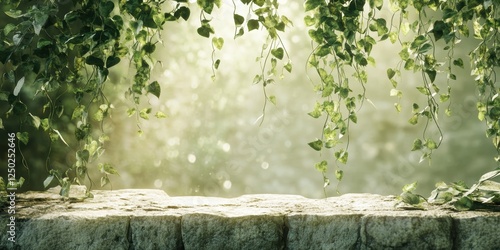 Wallpaper Mural Stone Ledge with Cascading Ivy and Dreamy Bokeh Background Ideal for Product Display and Nature Mockups. Torontodigital.ca