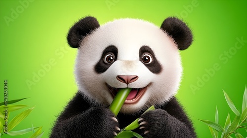 Adorable cartoon panda happily munching bamboo against a vibrant green background, showcasing playful and cheerful demeanor with wide eyes and cute features