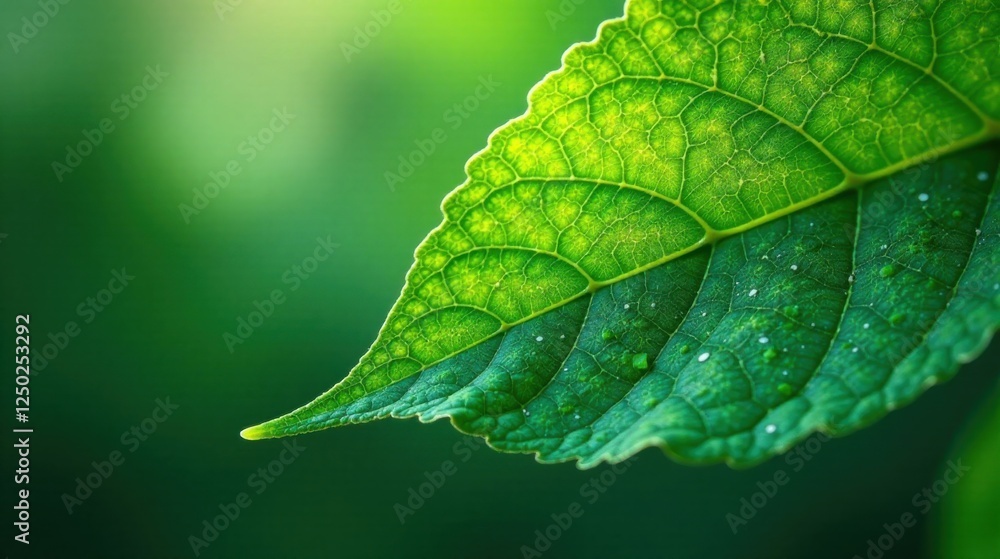 Close-up of a vibrant green leaf with water droplets showcasing intricate vein details Close-up of a vibrant green leaf with water droplets showcasing intricate vein details