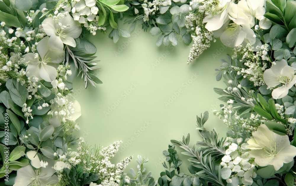 Fototapeta premium Elegant Floral Frame with White Flowers, Greenery and Light Green Background - Copy Space