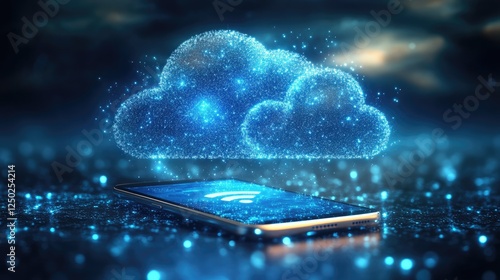 A glowing smartphone displaying cloud technology amidst a digital data landscape at night