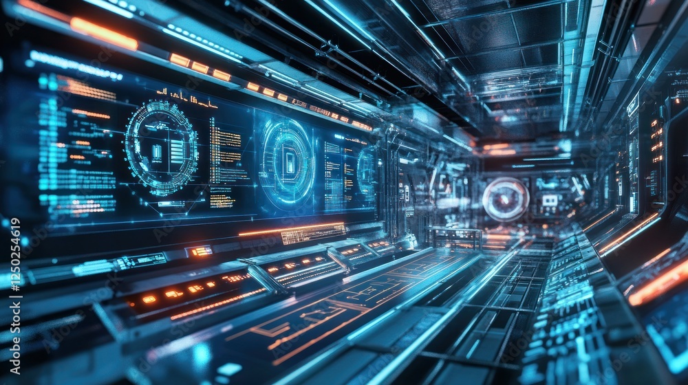 Obraz premium Futuristic corridor with digital interfaces and glowing elements.