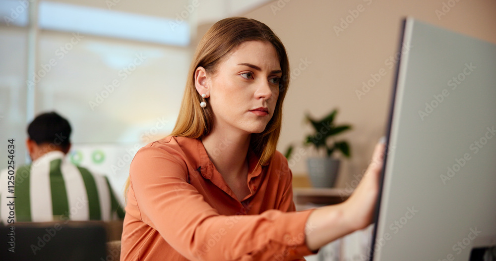Business, thinking and woman with computer, online reading and planning for creative project. Person, copywriting and employees in modern office, pc and research for article, journalist and solution Business, thinking and woman with computer, online reading and planning for creative project. Person, copywriting and employees in modern office, pc and research for article, journalist and solution