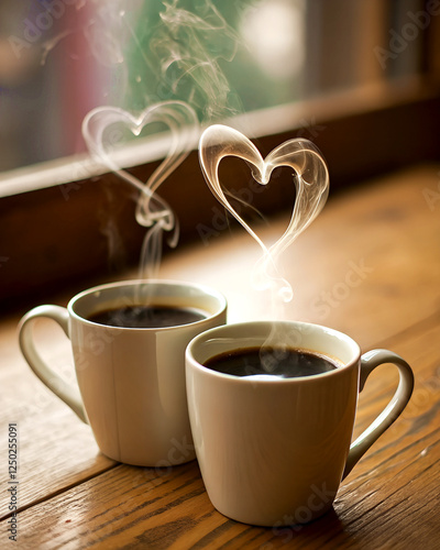 Two coffee cups together on a wooden table with steam rising in heart shape, warm and cozy setting