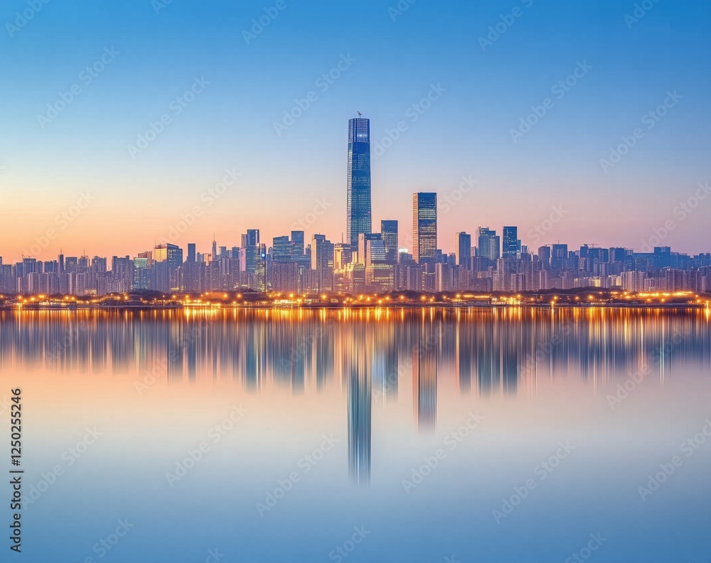 Fototapeta premium Stunning Skyline Reflection of Shanghai’s Futuristic Towers at Dawn with Serene Color Palette