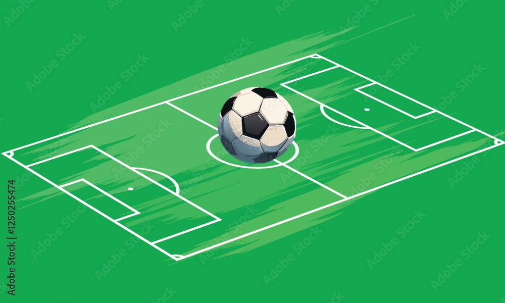 Soccer ball in goal. Goal net. Soccer border on green football grass field. Vector stadium Soccer ball in goal. Goal net. Soccer border on green football grass field. Vector stadium