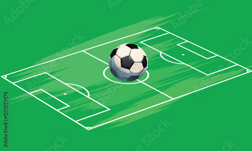 Soccer ball in goal. Goal net. Soccer border on green football grass field. Vector stadium