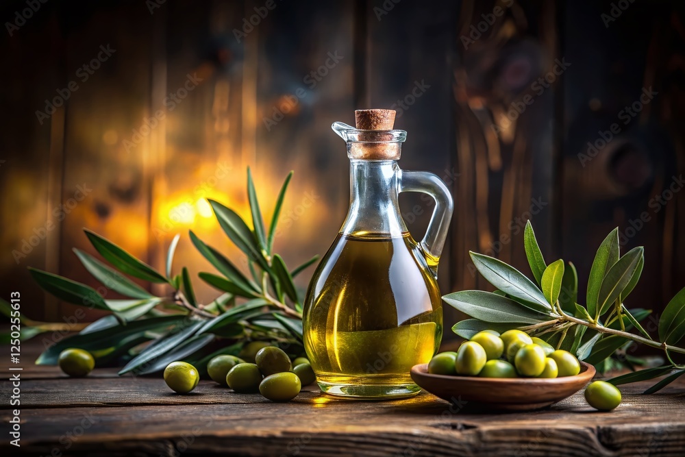 Panoramic View: Olive Oil Bottle with Olive Branch on Rustic Wooden Table - Healthy Food Concept
