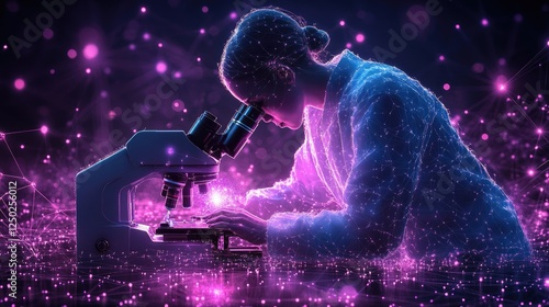Scientist examining samples under a microscope amidst a vibrant, digital, abstract background