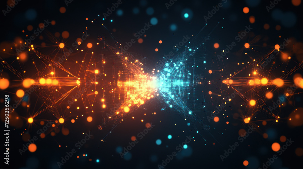 Fototapeta premium Abstract background with glowing particles and light trails on dark blue
