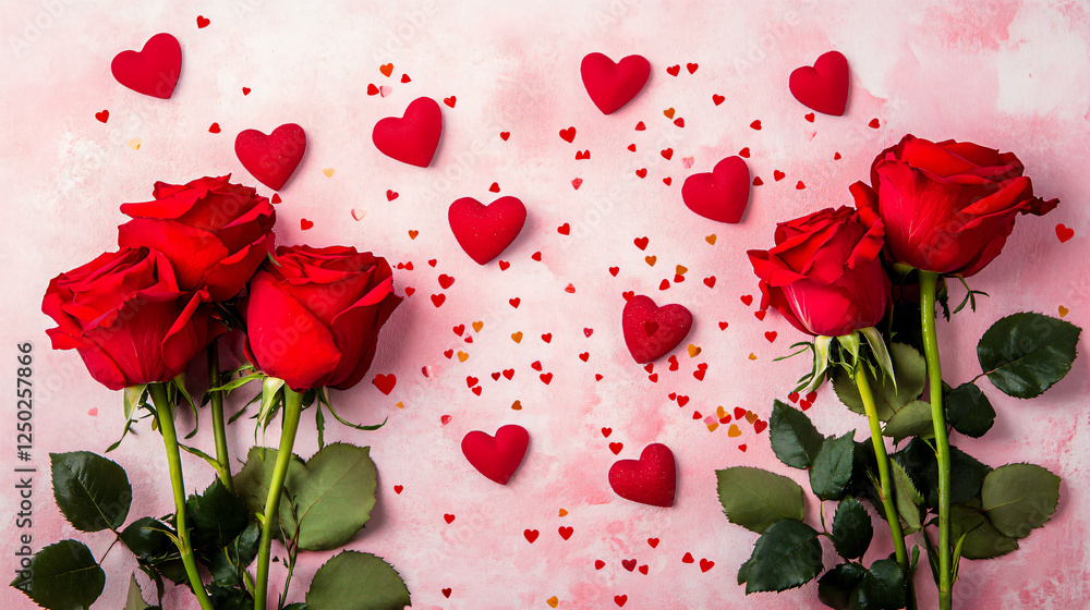 Beautiful red roses surrounded by hearts for a romantic atmosphere. Beautiful red roses surrounded by hearts for a romantic atmosphere.