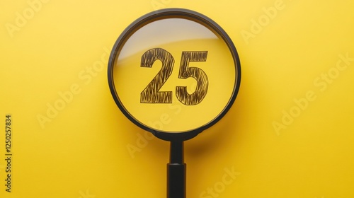 Magnifying Glass Enlarging Number Twenty-Five on Yellow Background photo