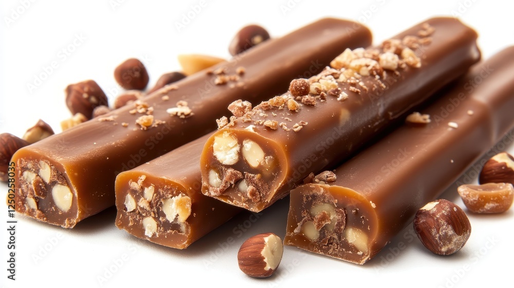 Delicious caramel bars with hazelnuts, perfectly coated in chocolate. Ideal for food blogs, confectionery websites, or packaging design showcasing sweet treats. Delicious caramel bars with hazelnuts, perfectly coated in chocolate. Ideal for food blogs, confectionery websites, or packaging design showcasing sweet treats.