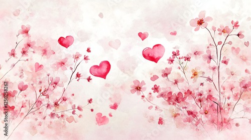 Fototapeta Naklejka Na Ścianę i Meble -  A beautiful watercolor illustration of pink flowers and hearts creating a romantic atmosphere.