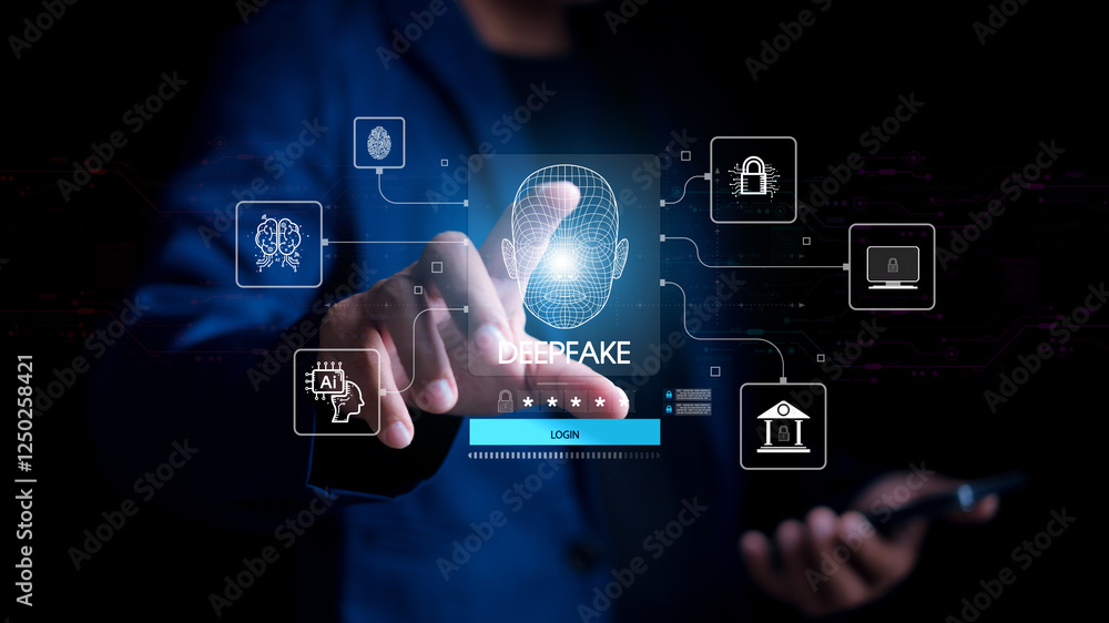 Deepfake concept ,Facial tracking, detection and recognition technology, Security system. Cyber security and Security password login online concept. Deepfake concept ,Facial tracking, detection and recognition technology, Security system. Cyber security and Security password login online concept.
