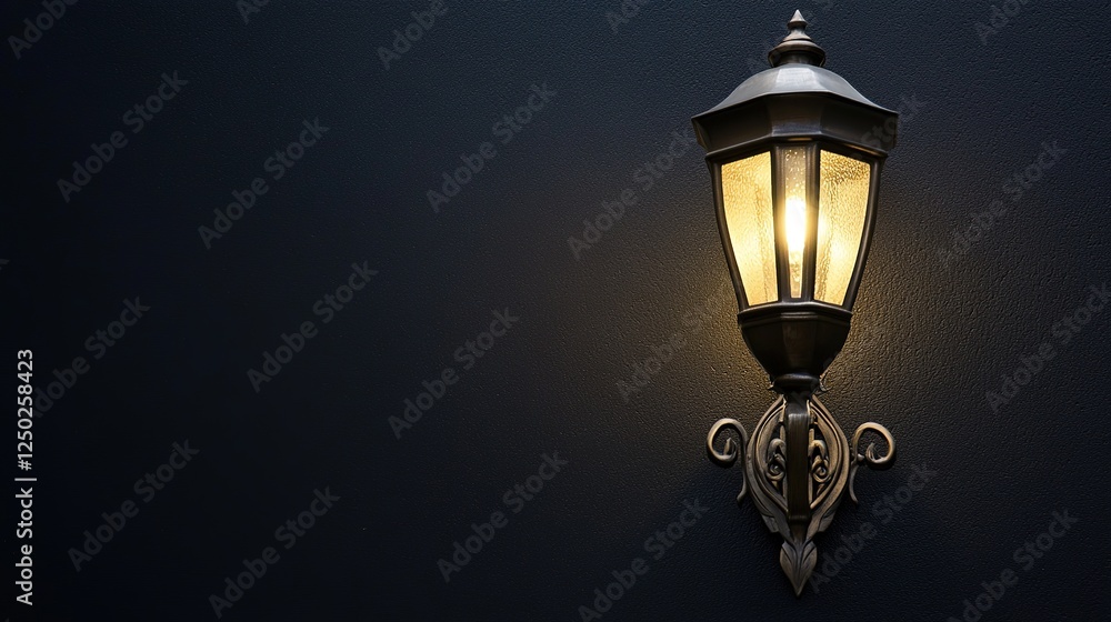 Antique Light Lamp Attached to a Black Wall, Medieval Style Wall Lamp Decoration Antique Light Lamp Attached to a Black Wall, Medieval Style Wall Lamp Decoration