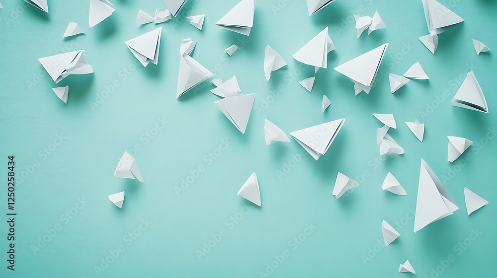 Scattered paper triangles, teal background, ideas Scattered paper triangles, teal background, ideas