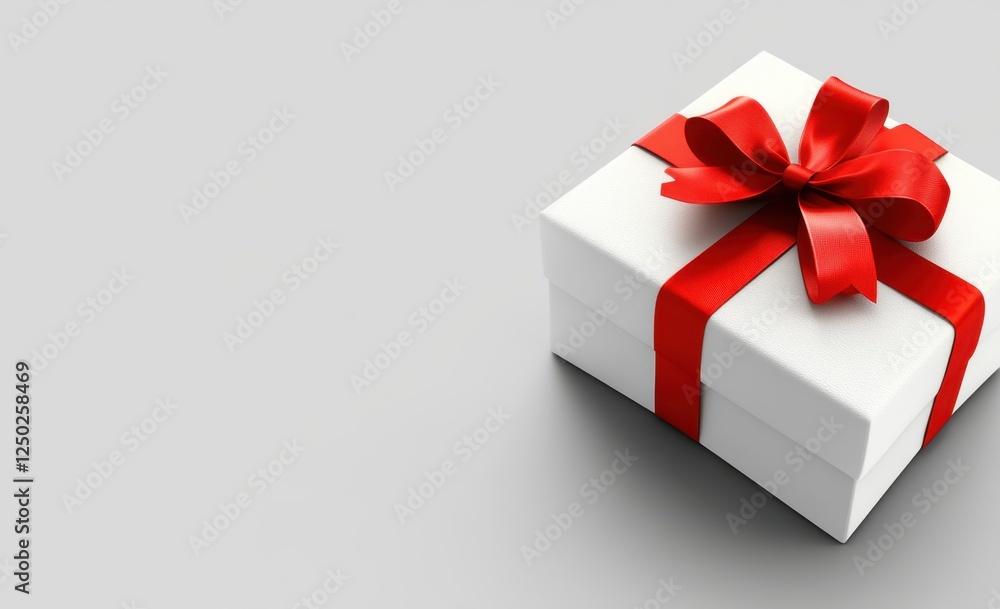 White Gift Box with Red Ribbon on Gray Background White Gift Box with Red Ribbon on Gray Background