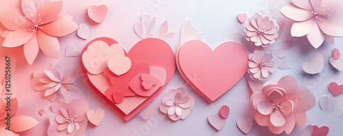 Beautiful paper hearts and flowers creating a romantic and delicate atmosphere.