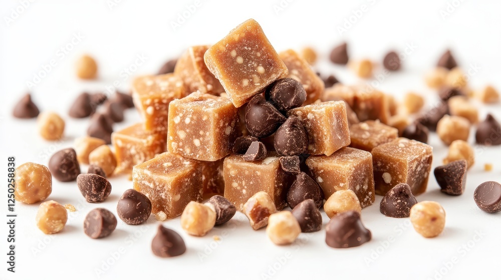 Buttery caramel cubes and chocolate chips. Perfect for food blogs, confectionery ads, or sweet treat packaging. Buttery caramel cubes and chocolate chips. Perfect for food blogs, confectionery ads, or sweet treat packaging.